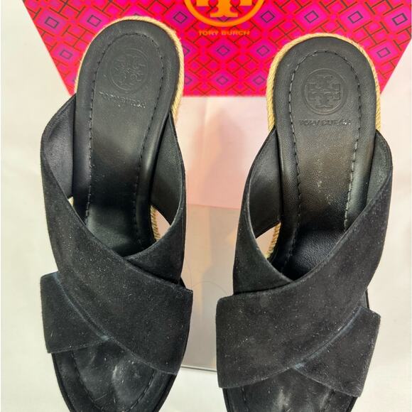 #TORY BURCH Bailey 110mm Wedge Mules Suede Black Size 7.5 - Picture 3 of 8